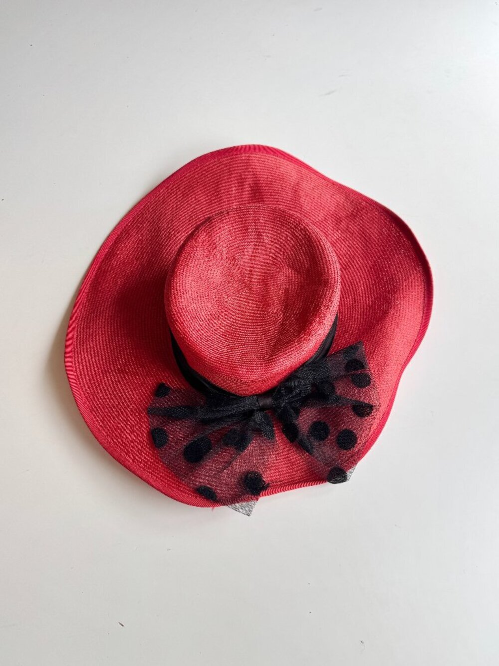 Vintage SHUMI Red Straw Black Polka Dot Mesh Tulle Bow Ribbon Trim Boater Hat